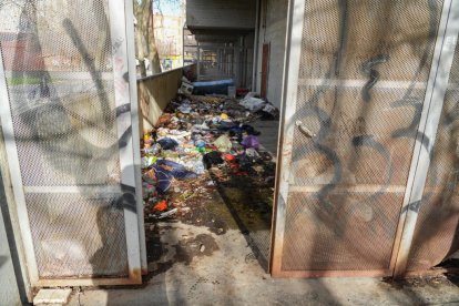Puerta por la que se accede a la parte trasera del centro de salud Circunvalación de Valladolid repleta de basura.