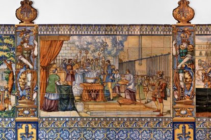 Escena del bautizo de Felipe II representada en los azulejos del Palacio de Pimentel