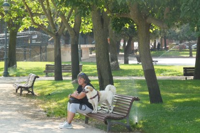 Una mujer descansa con su perro en uno de los bancos del parque de La Paz.
