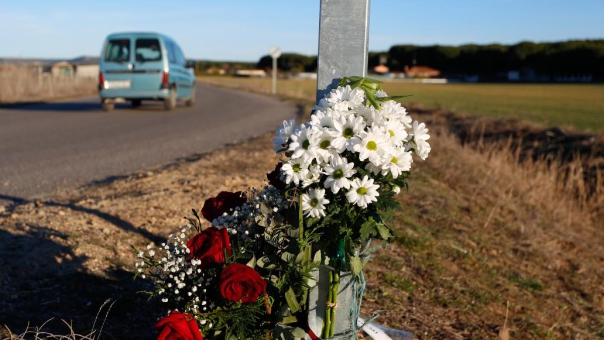 Flores al lado de la cuneta de la carretera de acceso a Traspinedo, en la que apareció el cuerpo de Esther. J. M. LOSTAU