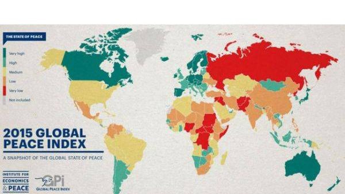 Mapa sobre los países más pacíficos y los más conflictivos del mundo.-Foto: GLOBAL PEACE INDEX 2015