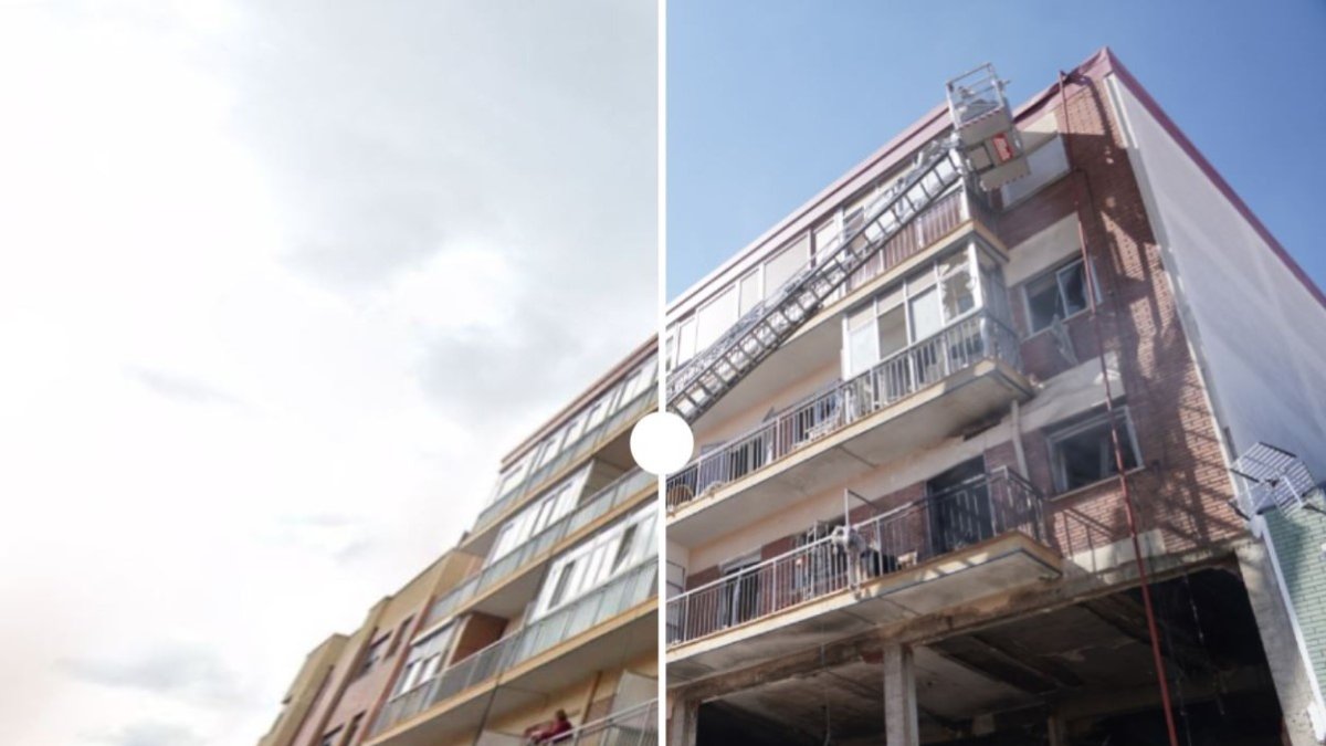 El antes y el después del edificio de la calle Goya de Valladolid tras la explosión de gas en una imagen de archivo. -E.M.