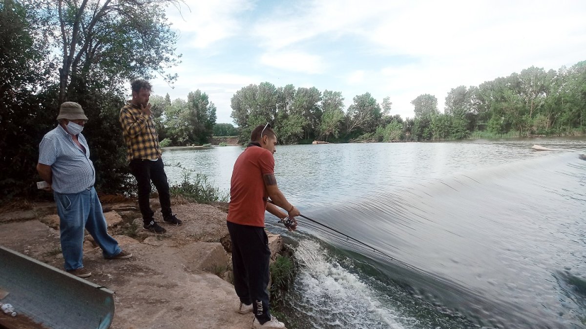 Aficionados pescando en la pesquera de Mazariegos mientras se buscaba al cocodrilo. LEONARDODELAFUENTE