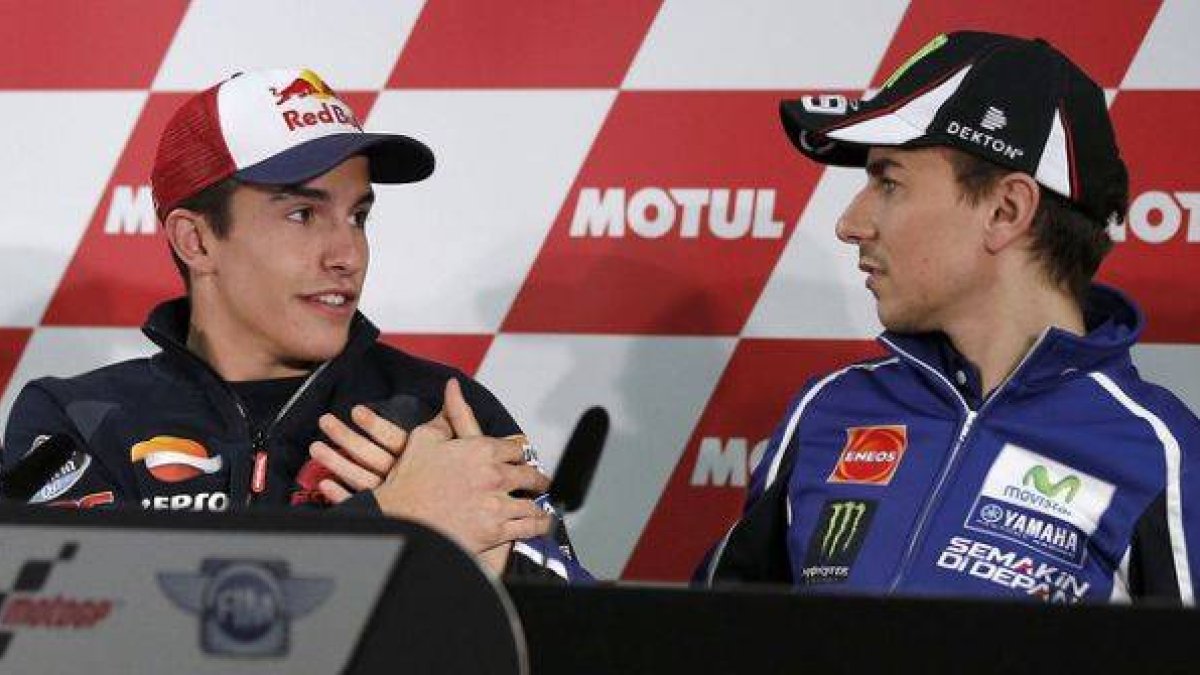 Marc Márquez y Jorge Lorenzo, durante la rueda de prensa previa la GP de Japón, en Motegi.-Foto: MOTEGI / TORU HANAI