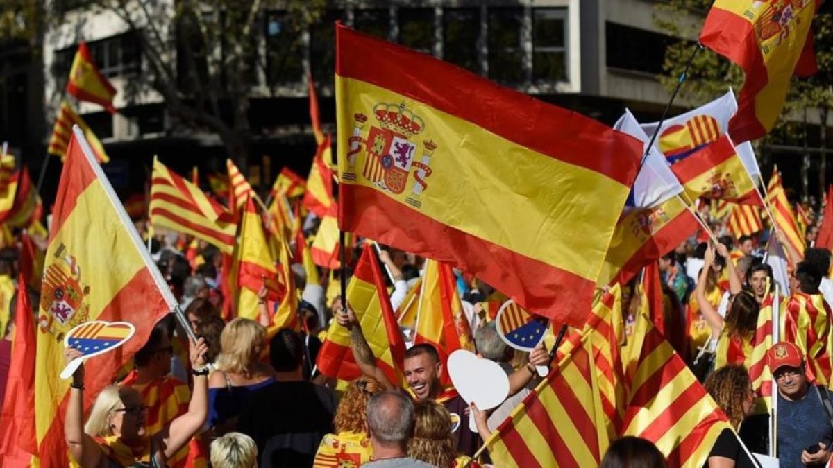 Profusión de banderas en la manifestación de Societat Civil Catalana.-JORGE GUERRERO