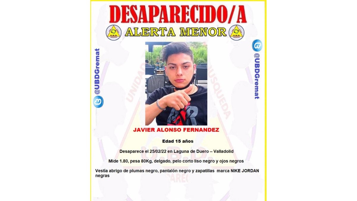 Cartel de  UBDGREMAT sobre la desaparición de un menor de 15 años en Laguna de Duero, Valladolid. -E.PRESS