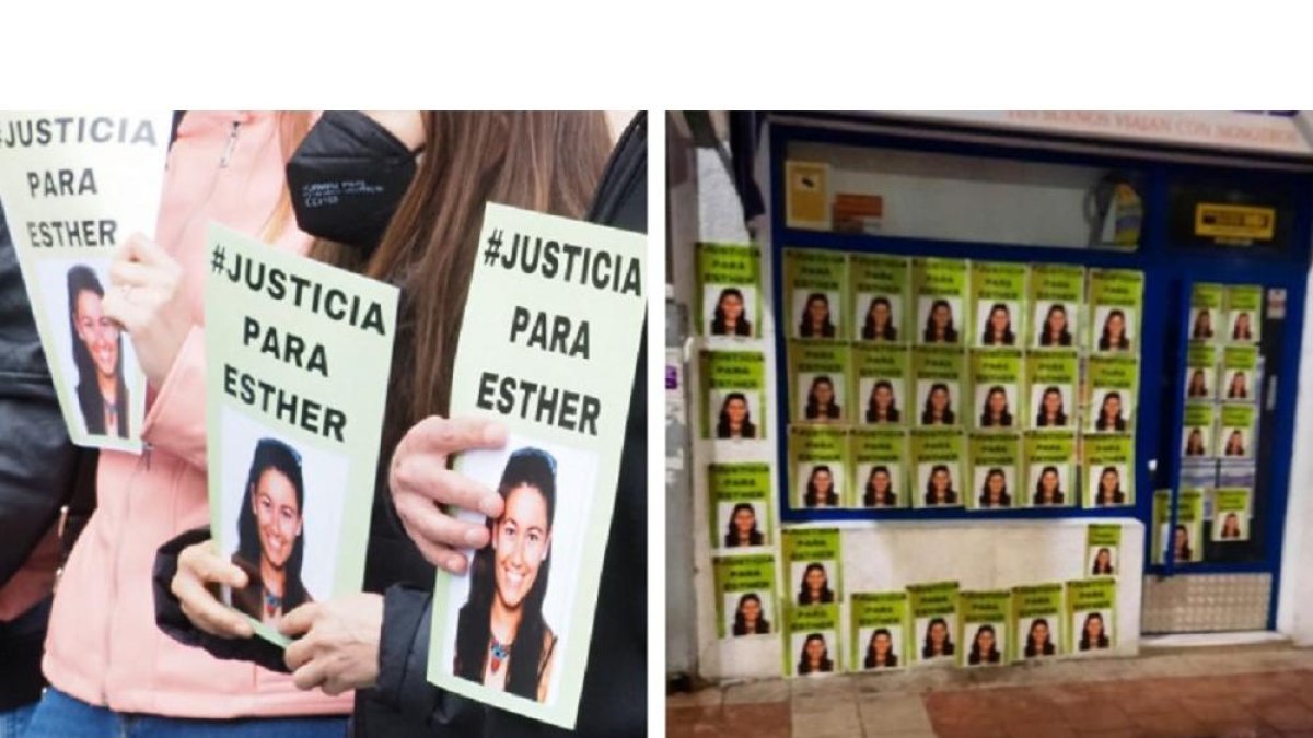 A la izquierda, los asistentes al acto portaban los mismos carteles con la foto de Esther que en la imagen de la derecha, donde se ven un negocio de Óscar empapelado.- EM