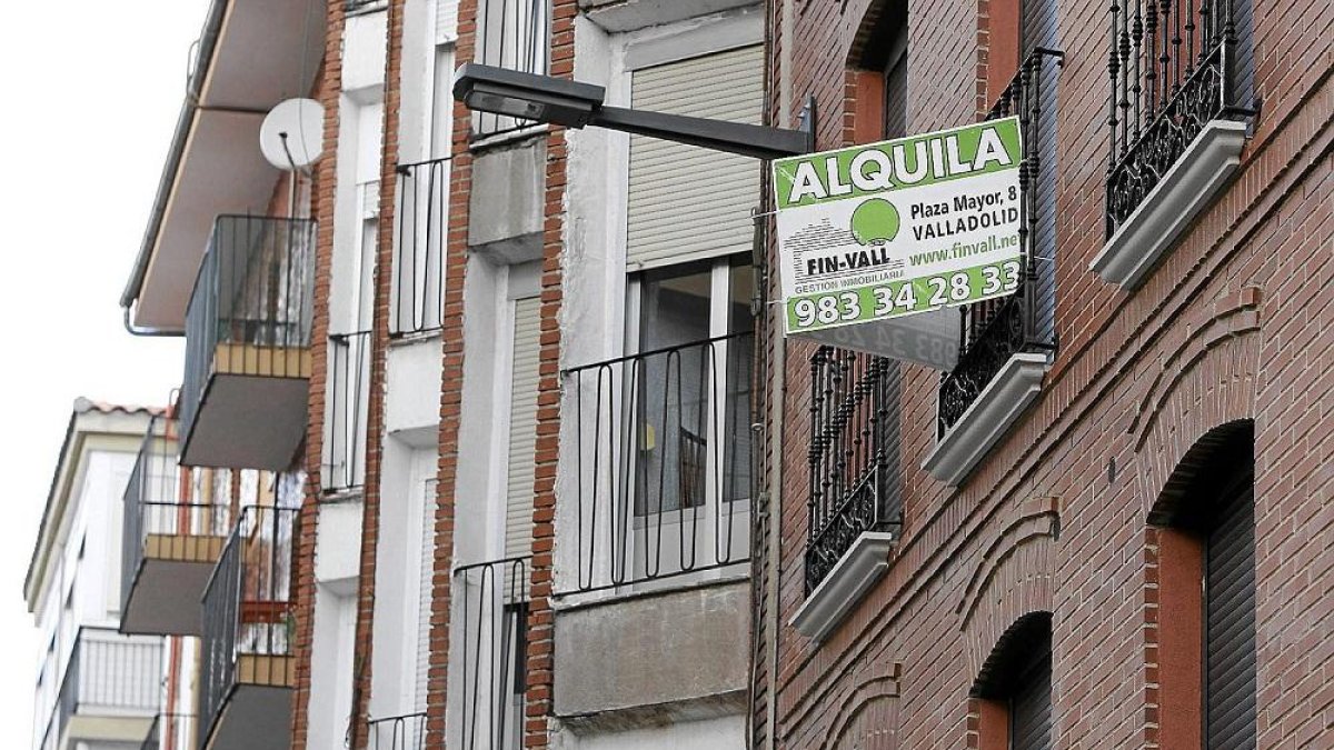 Cartel de alquiler de pisos en una calle de Valladolid.-J. M. LOSTAU