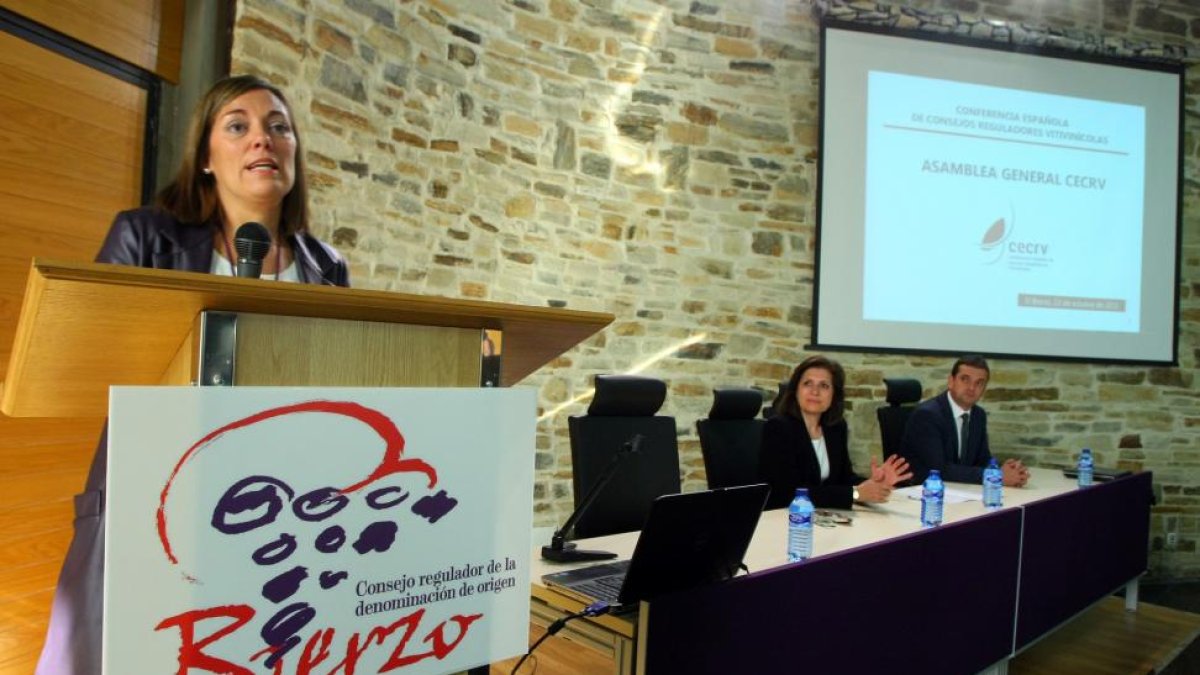 La consejera de Agricultura y Ganadería, Milagros Marcos (I), durante la clausura la Asamblea de la Conferencia Española de Consejos Reguladores Vitivinícolas que se celebra en Cacabelos (León)-Ical