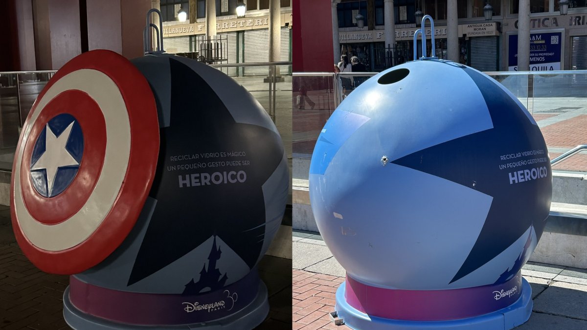 Antes y después del contenedor de vidrio con el escudo del Capitán América instalado en la plaza Mayor. -E.M. / FERNANDO CENTENO