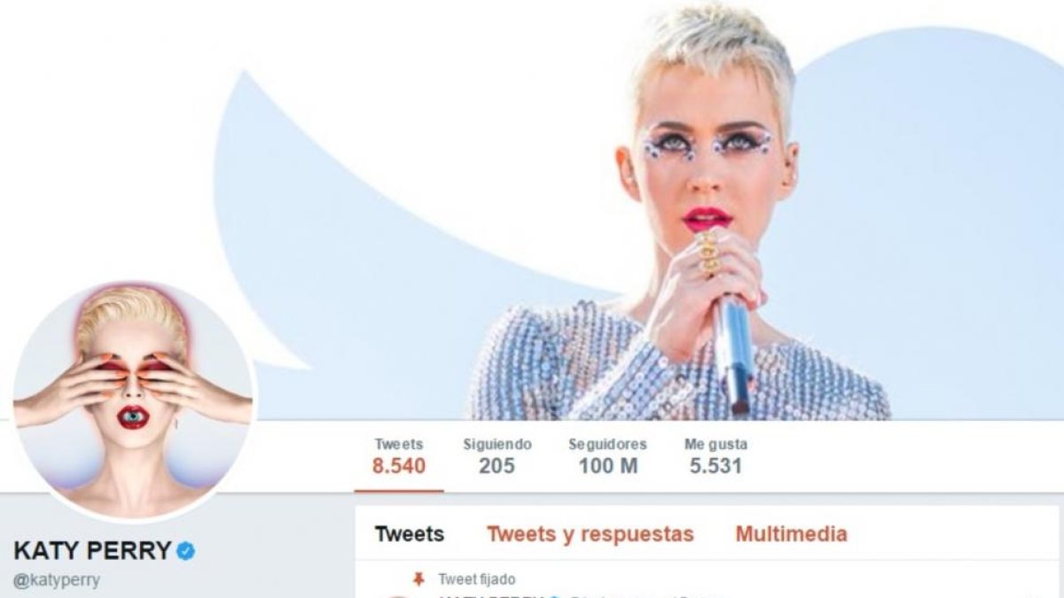 Captura de imagen del perfil de Kate Perry en Twitter, donde aparece la cifre de sus 100 millones de seguidores.-