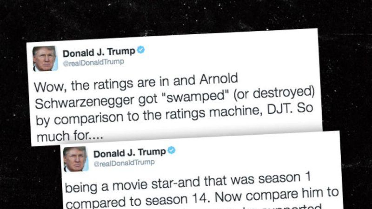 Montaje con dos de los tuits de Donald Trump en los que se mofa de las audiencias televisivas de Arnold Schwazenegger.-TWITTER