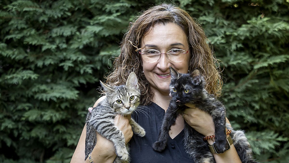 Cristina Bedera con dos gatitos rescatados que ofrece en adopción responsable. PABLO REQUEJO / PHOTOGENIC