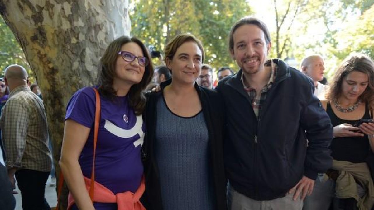 Mònica Oltra, Ada Colau y Pablo Iglesias, en la marcha de Madrid contra la violencia machista.-DANI GAGO