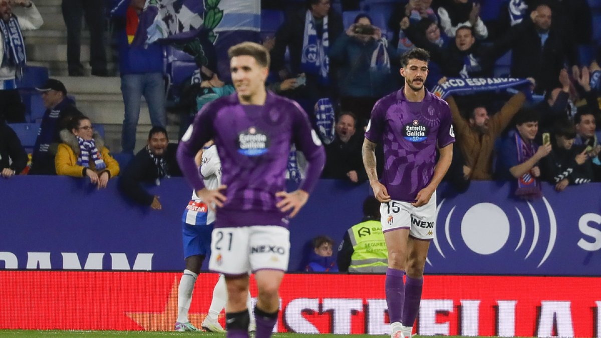 Desesperación del Real Valladolid tras encajar un gol ante el Espanyol. / A. PRESS