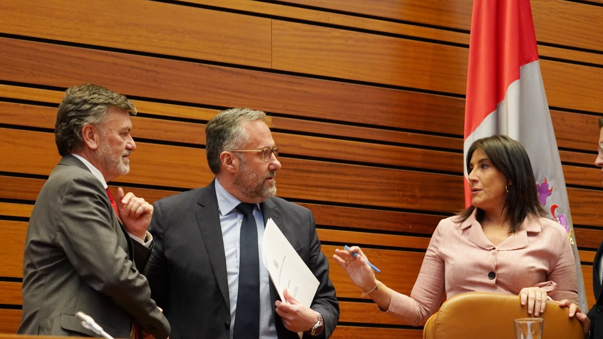 Francisco Váquez (PP), Carlos Pollán (VOX) y Ana Sánchez (PSOE), en una imagen de archivo durante un pleno de las Cortes de Castilla y León.-ICAL
