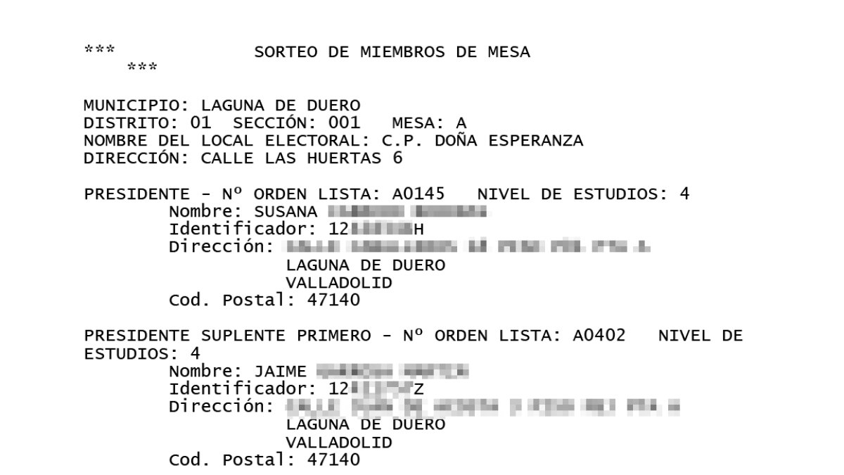 Detalle del listado con los nombre de los miembros de las mesas electorales, enviado por whatsapp en Laguna de Duero