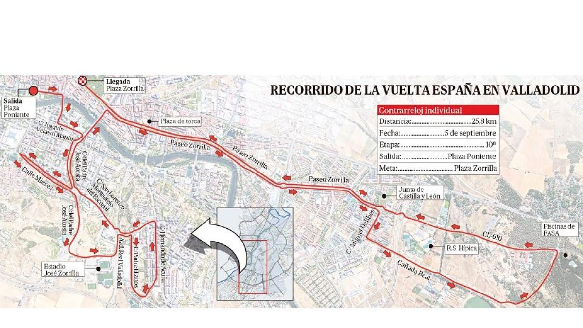 Recorrido de la décima etapa en la contrarreloj urbana que se disputará por las calles de Valladolid el 5 de septiembre. / EL MUNDO