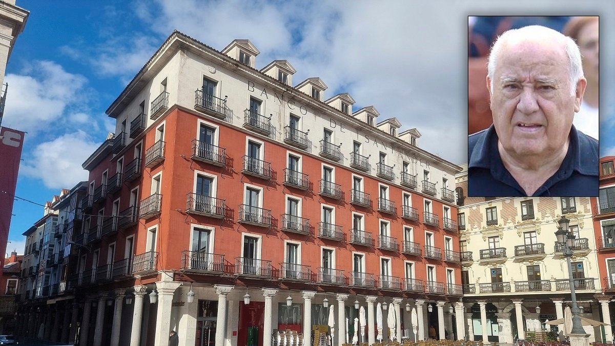 Amancio Ortega y el edificio del Banco Santander en la plaza Mayor en Valladolid de su propiedad. -E.M. / PHOTOGENIC