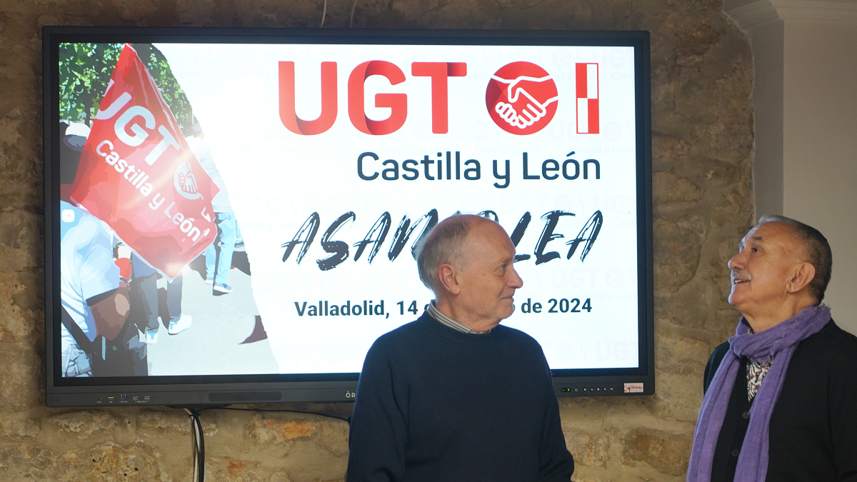 El secretario general de UGT, Pepe Álvarez, y el secretario general de UGTCyL, Faustino Temprano, celebran una asamblea en la sede autonómica del sindicato para tratar los objetivos de 2024. ICAL