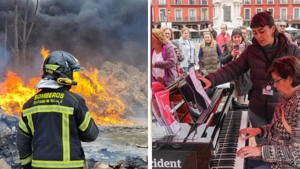 A la izquierda incendio en Aldeamayor y a la derecha un piano en la plaza Mayor