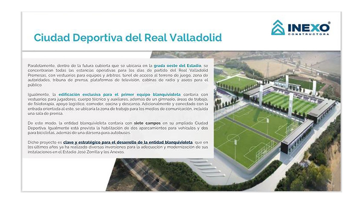 Parte del documento que ha hecho llegar Inexo a los posibles socios, con la infografía de la obra de la Ciudad Deportiva, tasada en 18 millones.