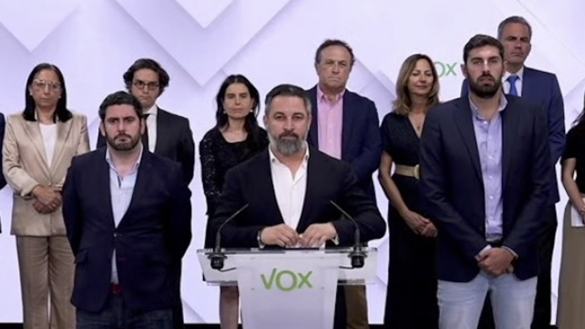 Santiago Abascal, en su comparecencia este jueves para anunciar la ruptura de los pactos en los gobiernos autonómicos.