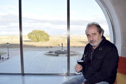 Tomás Jurío, en la zona social de la bodega, desde cuya cristalera se contempla la escultura de la diosa Vinea y la antigua encina, en mitad del viñedo.-ARGICOMUNICACIÓN