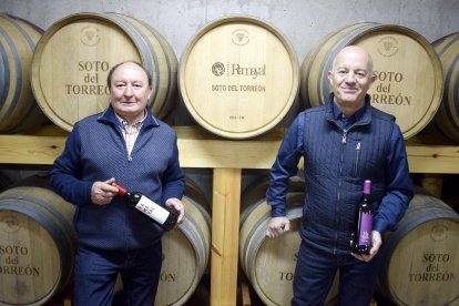 Antonio Ferrero y José Palacios en el interior de la nave de crianza de la bodega Ramayal de Ferreruela de Tábara con los dos vinos más representativos en las manos.-