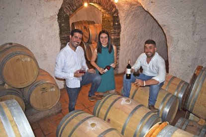 Javier y Alberto García, junto a Patricia Caro, en el interior de la bodega subterránea, bajo las instalaciones de Ovidio Garcia en Cigales.-