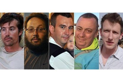 LOS CINCO OCCIDENTALES DECAPITADOS POR EL ESTADO ISLÁMICO. De izquierda a derecha, los periodistas James Foley y Steven Sotloff, y los cooperantes David Haines, Alan Henning y Petter Kassig.-