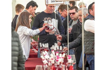 Asistentes a la Feria del Primer Vino de Mucientes brindan con vinos de la DO Cigales.-MIGUEL ÁNGEL SANTOS