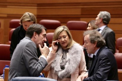 El consejero de Fomento, Juan Carlos Quiñones, junto a la consejera de Hacienda, Pilar del Olmo y el consejero de Presidencia, José Antonio de Santiago Juárez, en el Pleno de las Cortes.-MIRIAM CHACÓN / ICAL