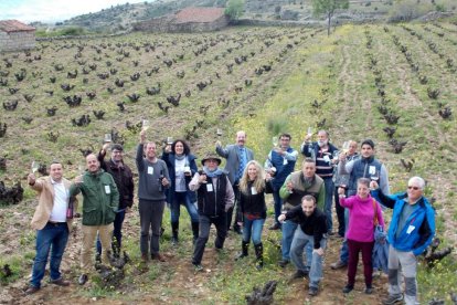 Bodegueros, viticultores y otros integrantes de la Asociación de Vinos de Cebreros brindan en una viña de la comarca por el logro de la denominación de origen.-Antonio García