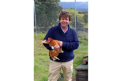 César Redondo posa con una de las gallinas que vive en los chalés de la Granja Redondo.-E. M.