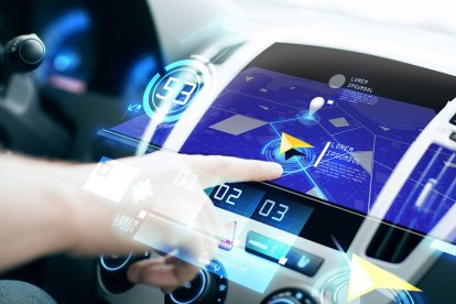 transport, destination, modern technology and people concept - male hand searching for route using navigation system on car dashboard screen