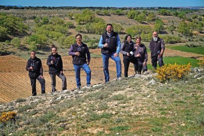 De izquierda a derecha: Alberto Lozano, Elisa de Miguel, Ismael Sanz, Jaime Suárez, Teresa Latorre, Adrián Izquierdo y Fermín Redondo posan en el exterior de la bodega dando la espalda al valle de El Hondo de los majuelos centenarios de Atauta.-