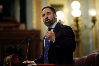 El presidente de Vox, Santiago Abascal, durante su intervención en el Congreso de los Diputados.-EFE