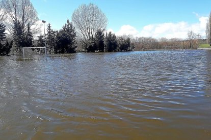 El desbordamiento del Adaja inunda el campo de fútbol de la zona de Santiago, en la ciudad de Ávila.-ANTONIO GARCÍA