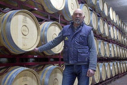 José del Valle, bodeguero de Señorío de Bocos, posa junto a las barricas de roble. Abajo, depósitos de acero inoxidable para la elaboración.-M. DENEIVA