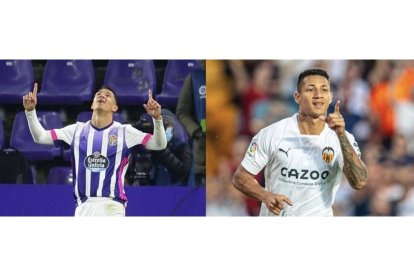 Marcos André celebra goles con el Real Valladolid y el Valencia. / E. M. / LA LIGA