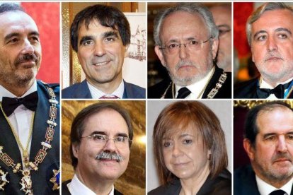El tribunal: de izquierda a derecha y de arriba a abajo, Manuel Marchena, Antonio del Moral, Luciano Varela, Juan Ramón Berdugo, Andrés Palomo, Ana Ferrer y Andrés Martínez Arrieta.-EL PERIÓDICO