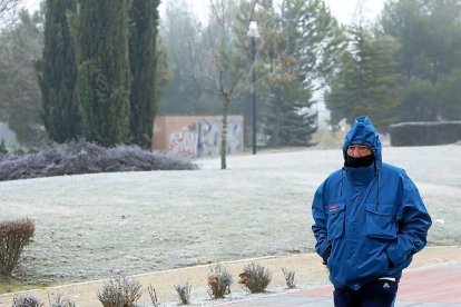 Un hombre pasea por un parque de Valladolid lleno de cencellada.-J.M. LOSTAU