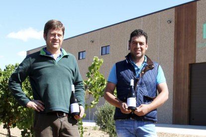 Los hermanos Roberto y Luis Descalzo Matos posan con su vino ante la bodega.-M.T.