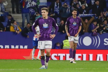 Desesperación del Real Valladolid tras encajar un gol ante el Espanyol. / A. PRESS