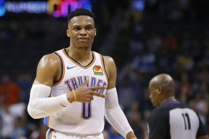 Russell Westbrook tras conseguir el segundo doble triple-doble en la historia de la NBA.-