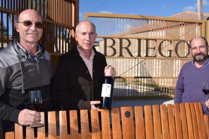 De izquierda a derecha, los hermanos Gaspar, Fernando y Javier Benito, a la entrada de la bodega de Fompedraza.-ARGICOMUNICACIÓN