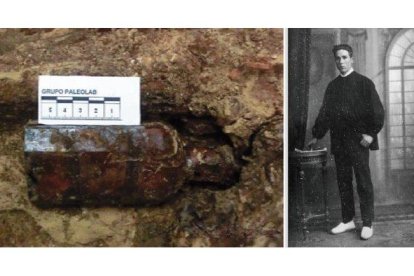 Leoncio Badía, enterrador de Paterna, y una de las botellas que colocaba para identificar los cuerpos de los republicanos fusilados.-GRUPO PALEOLAB Y FAMILIA BADÍA