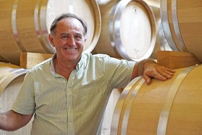 Tomás Postigo, entre parte de las barricas de Quercus Pyrenaica de su bodega.-