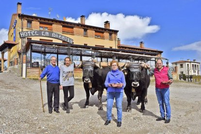 Miguel Ángel y Marta (de pie), junto a Mari Carmen y Ángel, y una yunta de vacas de la raza Serrana Negra.-ARGICOMUNICACIÓN